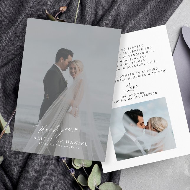Simple modern script photo overlay wedding  thank you card (Creator Uploaded)