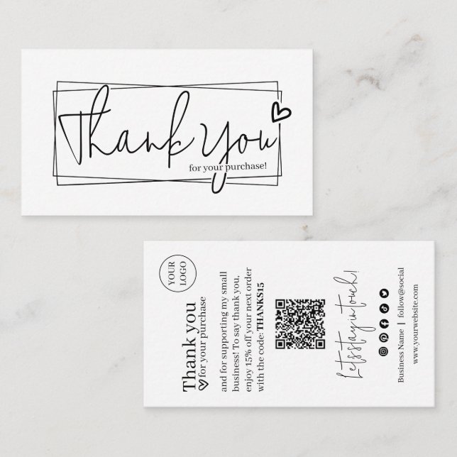 Simple Modern Script QR Code, Thank You  Business Card (Front/Back)