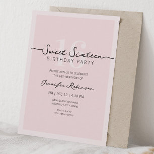 Simple Modern Script Sweet 16 Sixteen Blush Pink Invitation