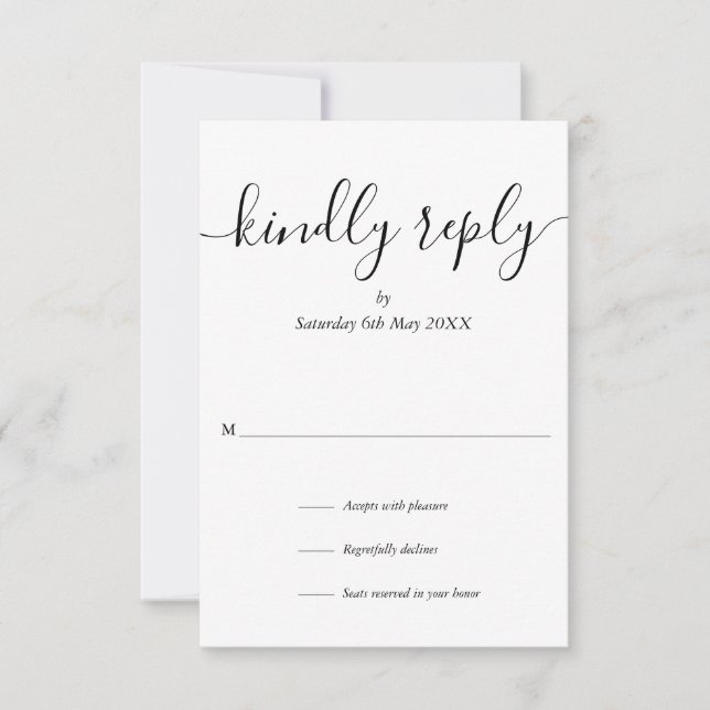 Simple Modern Script Wedding Kindly Reply RSVP Card (Front)
