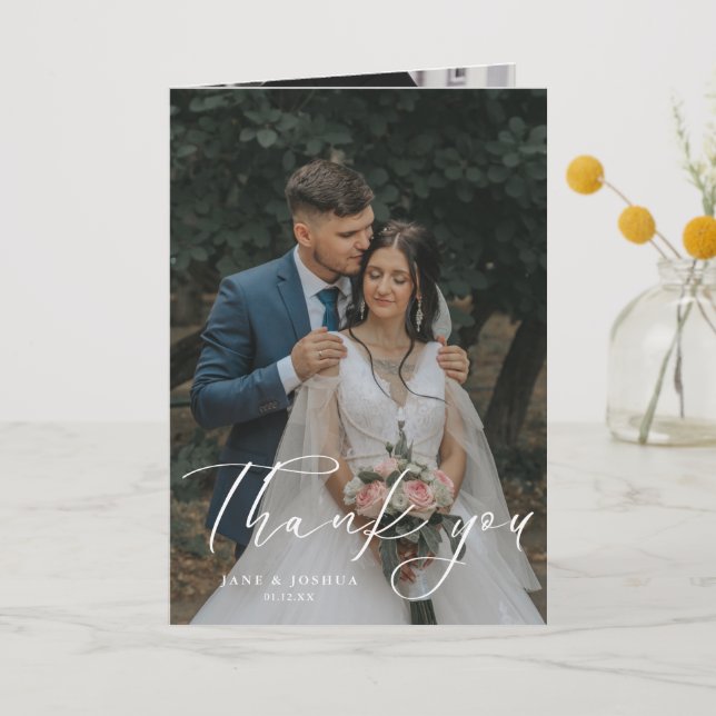 Simple Modern Script Wedding Photo W Note Thank You Card (Front)
