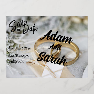 Simple Modern Script Wedding Save our Date Foil Holiday Postcard