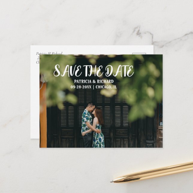 Simple Modern Script Wedding Save The Date Photo Holiday Postcard (Front/Back In Situ)