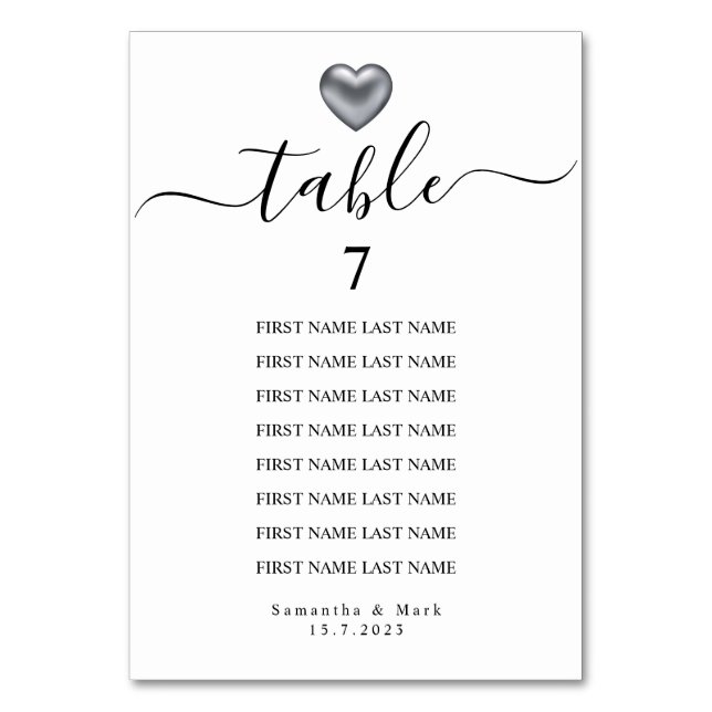 Simple Modern Silver Heart Typography Wedding Table Number (Front)
