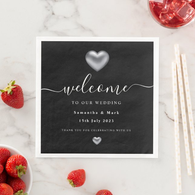 Simple Modern Silver Heart Wedding Napkin (Insitu)