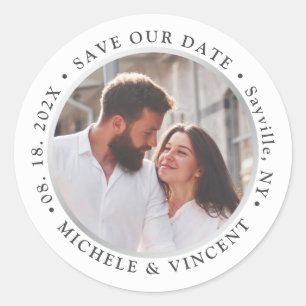 Simple Modern Silver Photo Save The Date Classic Round Sticker