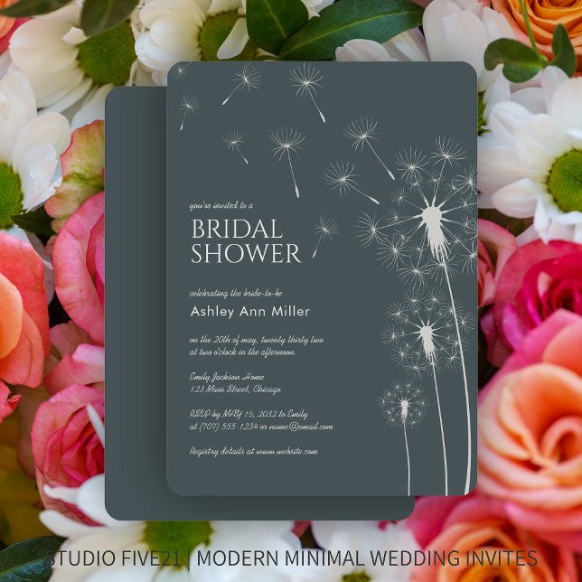 Simple Modern Slate Grey Dandelion Bridal Shower Invitation (Creator Uploaded)