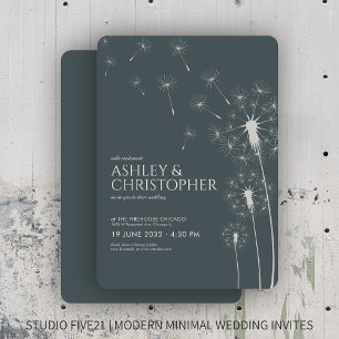 Simple Modern Slate Grey Dandelion Wedding Invitation