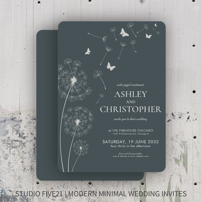 Simple Modern Slate Grey Dandelion Wedding Invitation (Creator Uploaded)