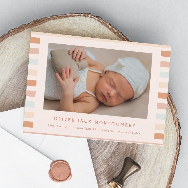Simple Modern Stripes Baby Boy Birth Announcement (stripes birth announcement card for baby boy)