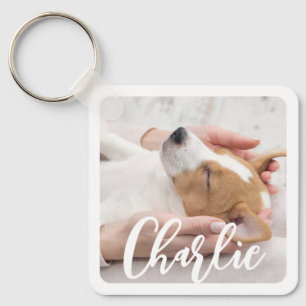 Simple Modern Stylish Dog Name 2 Photo Keychain