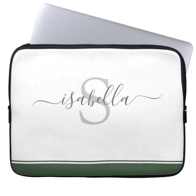 Simple Modern Stylish Monogrammed Evergreen Laptop Sleeve (Front)