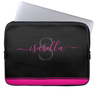 Simple Modern Stylish Monogrammed Hot Pink Black Laptop Sleeve