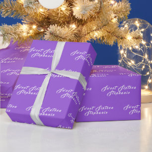 Simple Modern Sweet 16 Name Purple Sixteen Name Wrapping Paper