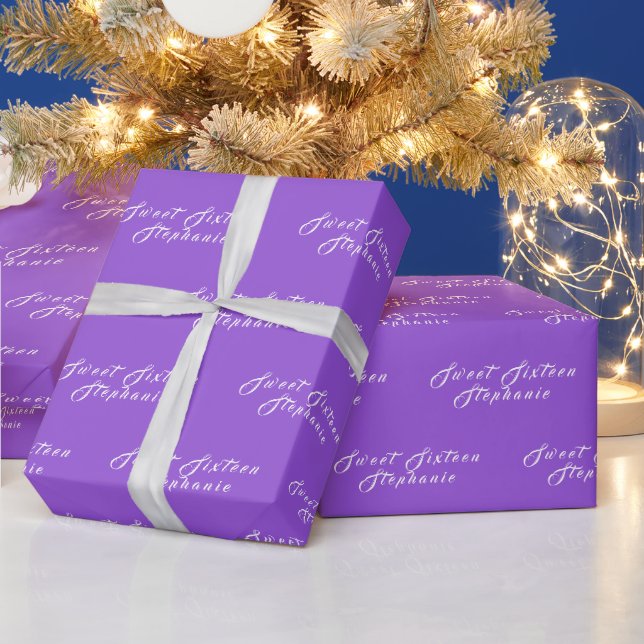 Simple Modern Sweet 16 Name Purple Sixteen Name Wrapping Paper (Holidays)