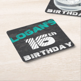 Simple Modern Teal & Black Teen Boy Birthday Square Paper Coaster