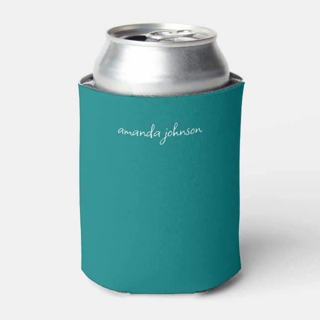 Simple Modern Teal Blue Cursive Monogram Can Cooler (Can Front)