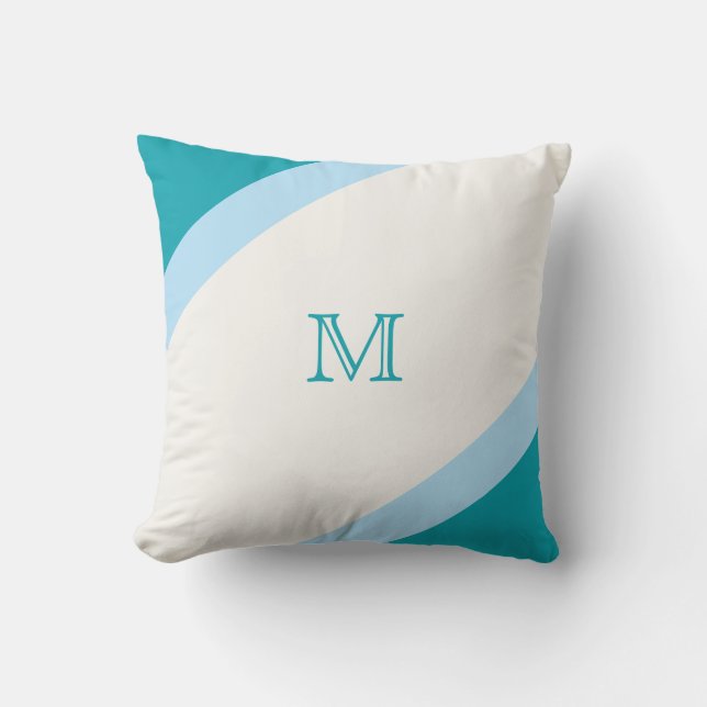 Simple Modern Teal Blue Striped Monogram Throw Pillow (Front)