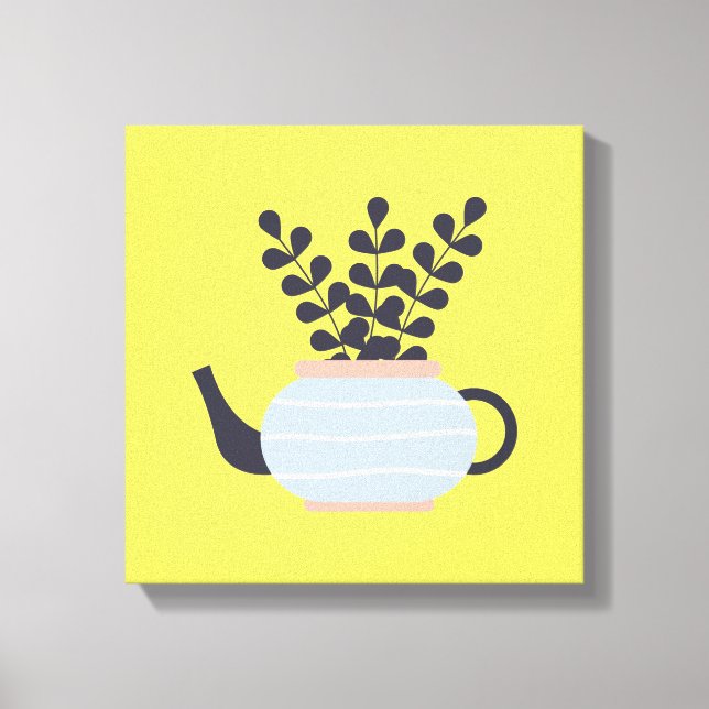 Simple modern teapot with plant pastel canvas print (Front)