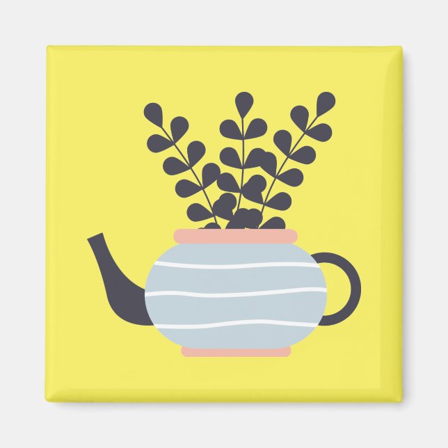Simple modern teapot with plant pastel magnet (Front)