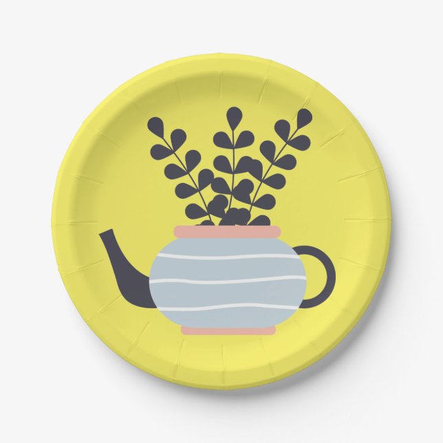 Simple modern teapot with plant pastel paper plate (Front)