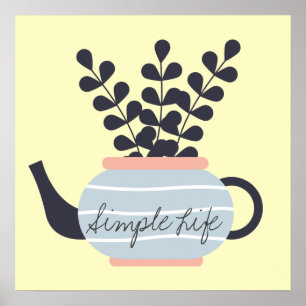 Simple modern teapot with plant pastel poster