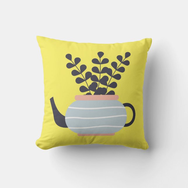 Simple modern teapot with plant pastel throw pillow (Front)