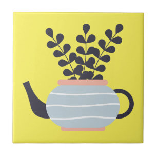 Simple modern teapot with plant pastel tile