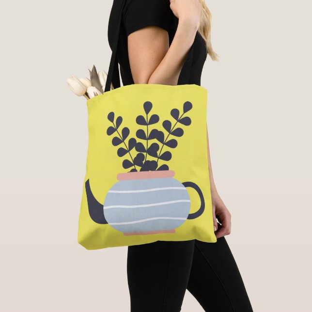 Simple modern teapot with plant pastel tote bag (Close Up)