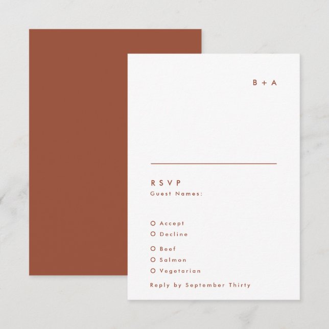 Simple Modern Terracotta White Monogram Wedding RSVP Card (Front/Back)