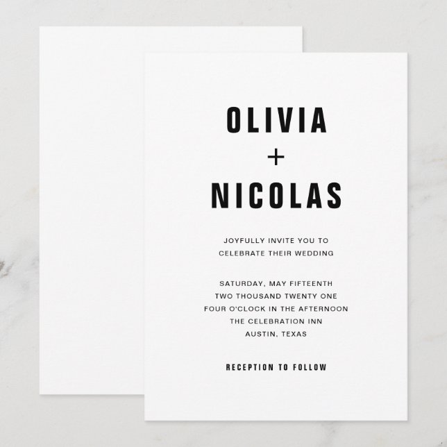 Simple Modern Text | Black and White Wedding Invitation (Front/Back)
