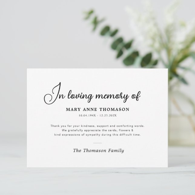 simple modern text funeral thank you note card (Standing Front)