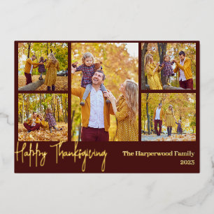 Simple Modern thanksgiving family photo collage Foil Holiday Card