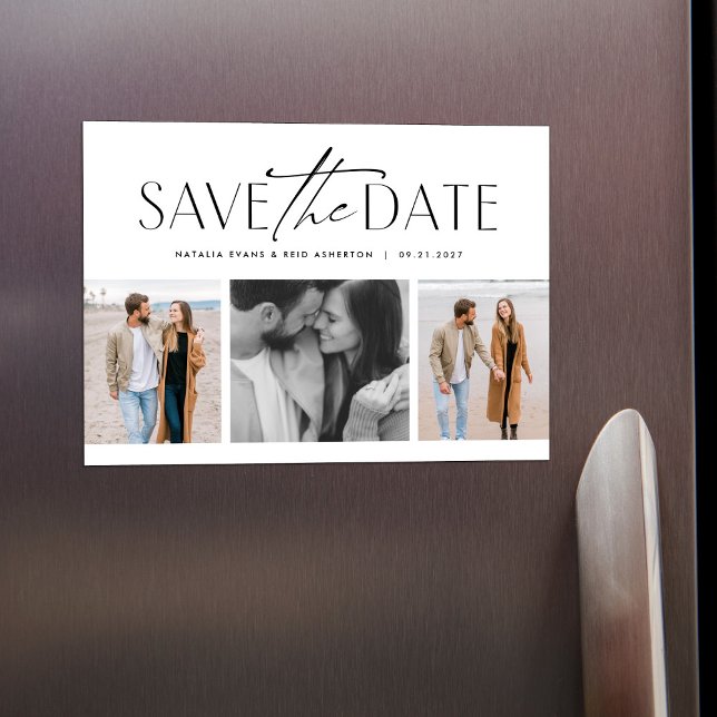 Simple modern three photo save the date magnetic invitation (Creator Uploaded)
