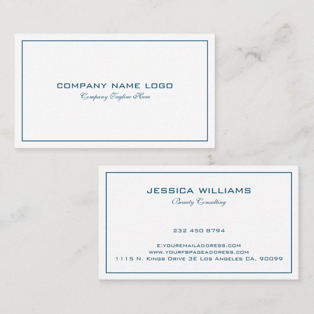 Simple Modern Tin blue Border On White Business Card (Front/Back)