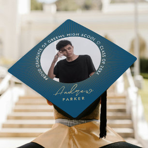 Simple Modern Trendy Blue Class Of Photo Graduation Cap Topper