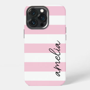 Simple Modern Trendy Monogrammed Pink Stripe iPhone 13 Pro Case