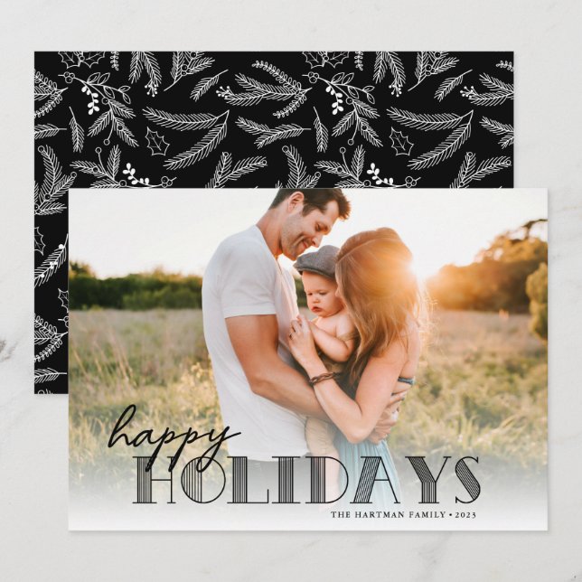 Simple Modern Typography Black Happy Photo Holiday Card (Front/Back)