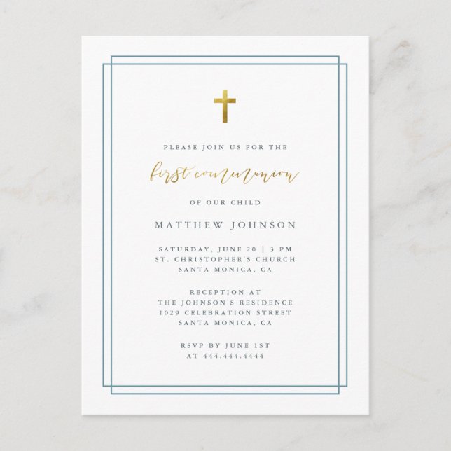 Simple Modern Typography Blue First Communion Invitation Postcard (Front)