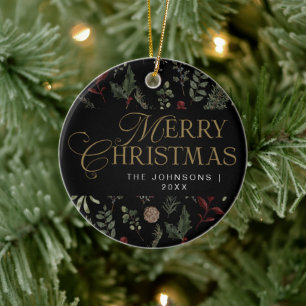 Simple Modern Typography Botanical Black Christmas Ceramic Ornament