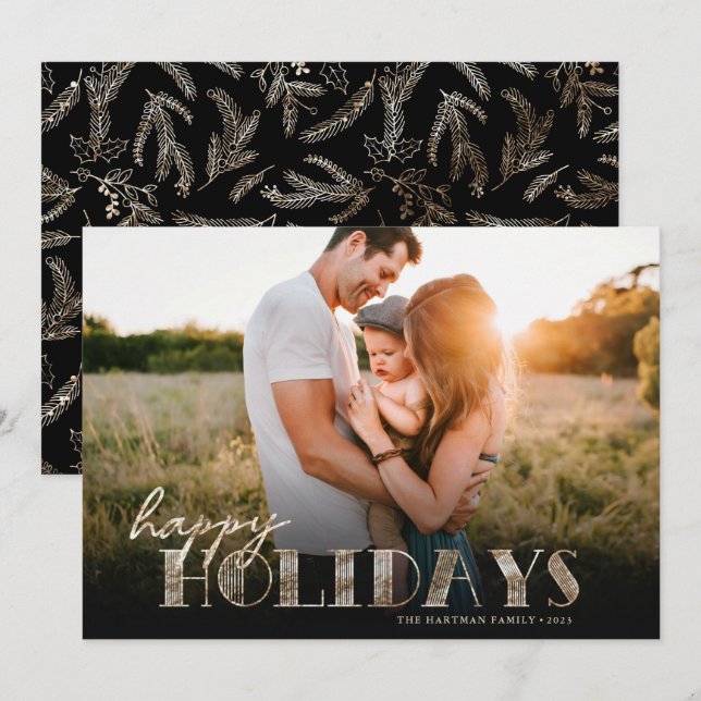 Simple Modern Typography Gold Happy Photo Holiday Card (Front/Back)