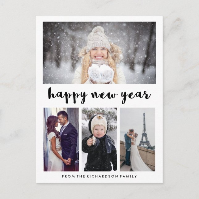 Simple Modern Typography Happy New Year with Photo Holiday Postcard (Front)