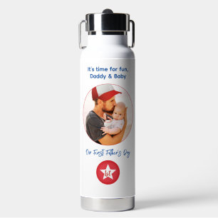 Simple Modern Typography Photo First Fathers Day Water Bottle