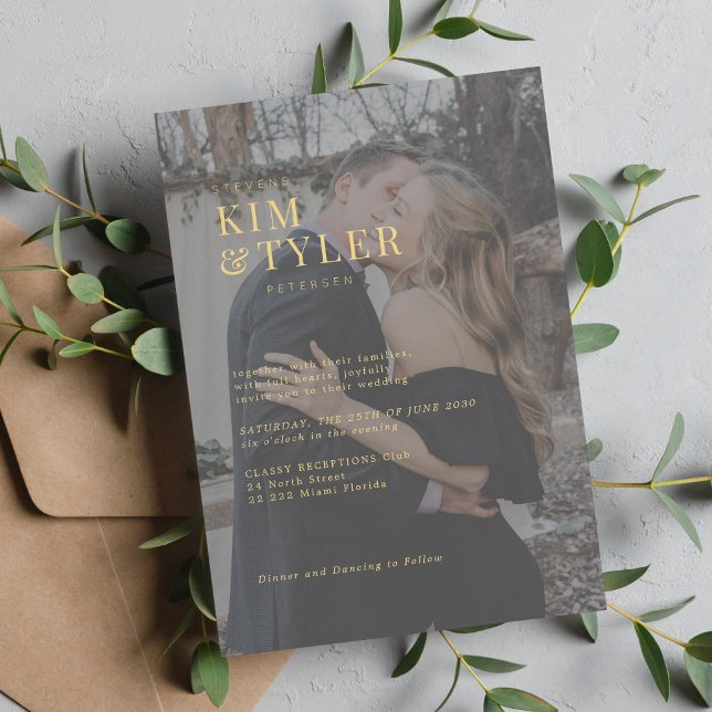 Simple modern typography photo overlay wedding invitation (Creator Uploaded)