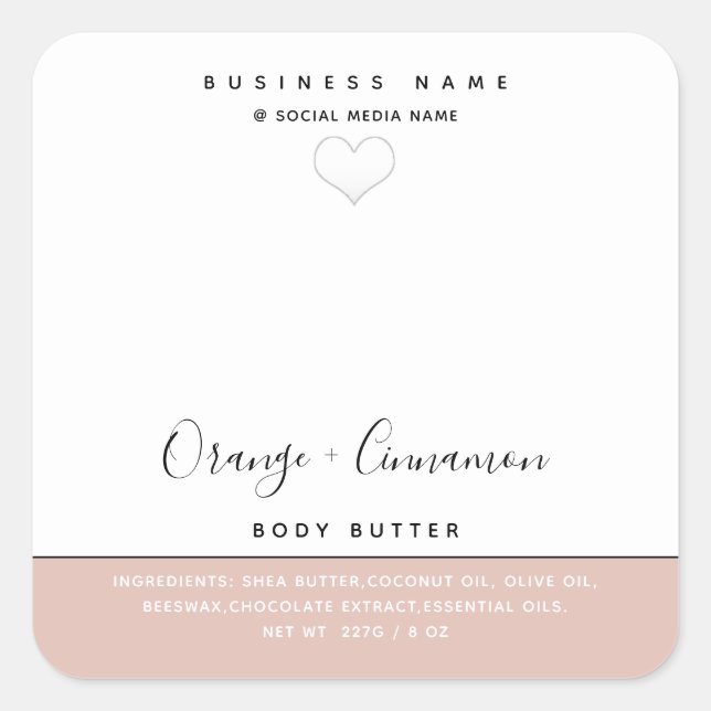 Simple modern  typography white heart Body butter  Square Sticker (Front)