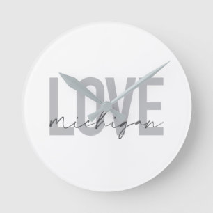 Simple, modern, urban, cool design Love Michigan Round Clock