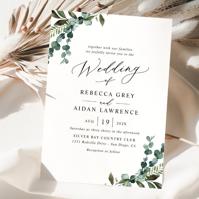 Simple Modern Watercolor Greenery Wedding Invitation (Creator Uploaded)