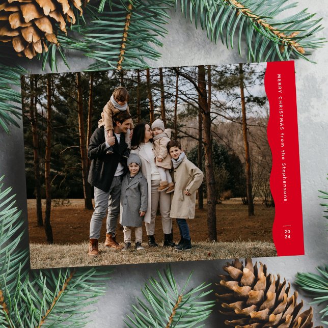 Simple modern wavy edge red Christmas photo Holiday Card (Creator Uploaded)