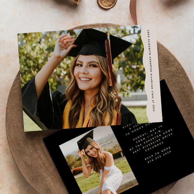 Simple modern wavy edge two photo graduation announcement (Creator Uploaded)