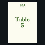 Simple Modern Wedding Monogram Table Number Card<br><div class="desc">Create table number cards featuring your desired monograms and special date. Very light shade of yellow with green font. Simple, modern appeal. Perfect with the wedding supplies from the Romantic Tree Design collection. Add your couple monogram, date of the wedding, and table number. Use the template to create your own...</div>